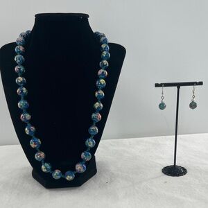 Vintage Blue Cloisonne Double Hand Knotted bead necklace and earrings